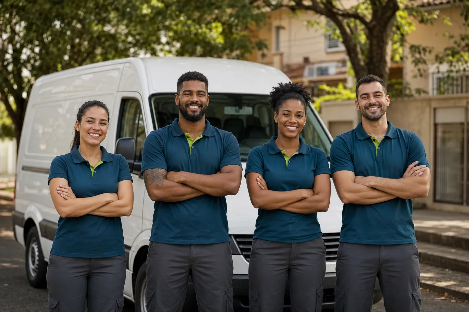 Equipe de técnicos da Energy Ar uniformizados em frente à van de serviço
